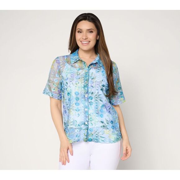 Susan Graver Tops - Susan Graver Women's Top Sz L Printed Lace Button Front Multi-colored